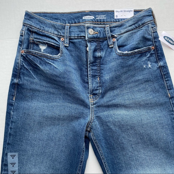 Old Navy Size 8 Extra High Rise Sky-Hi Straight Raw-Hem Ankle Jeans Button Fly - Picture 4 of 10
